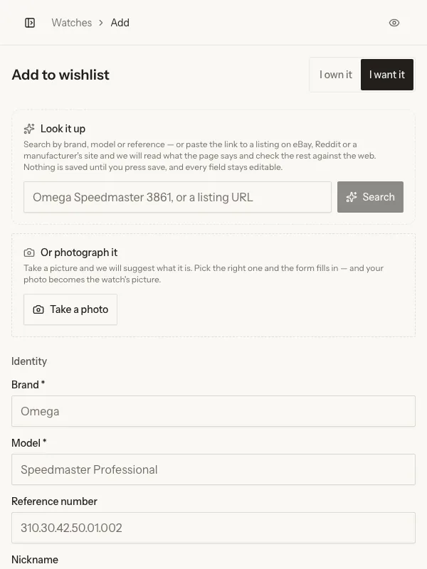 Adding a watch: a search that fills the specifications in, or a photograph to identify it from