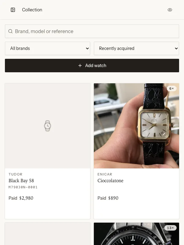 The app's collection screen: every watch, its reference and what it cost