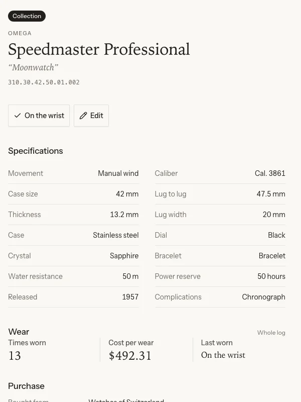 One watch's page: its photograph, its specifications, what it cost and how often it has been worn