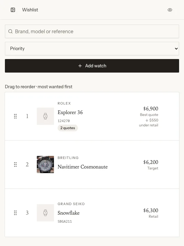 A wishlist watch with two seller quotes compared against retail