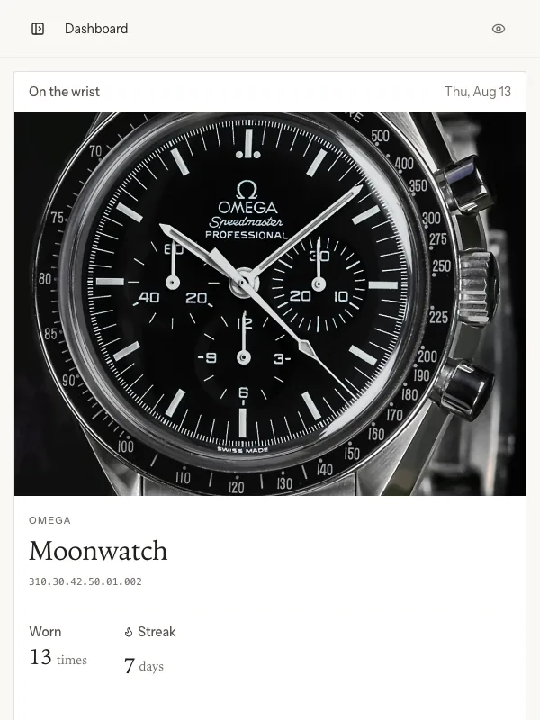 The dashboard, showing the watch on the wrist today with its streak
